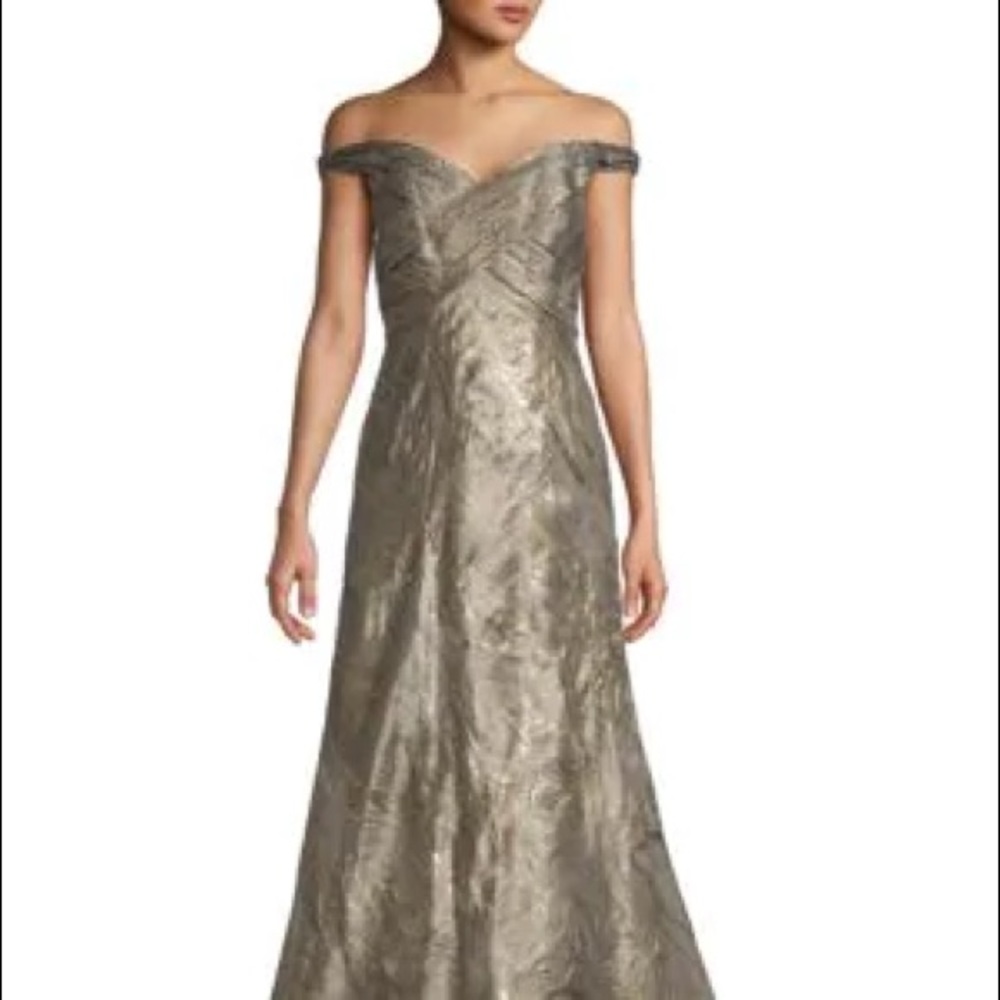 Rene Ruiz collection off the shoulder Jacquard Gown in Gold
